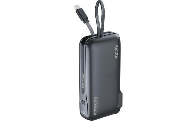 Promate Dual-Mode AC/DC Charger and 10000mAh Power Bank with 20W USB-C Port, Built-In USB-C Cable, 22.5W USB-A Quick Charge, Digital Display, and Multi-Protection System for Safe - Black